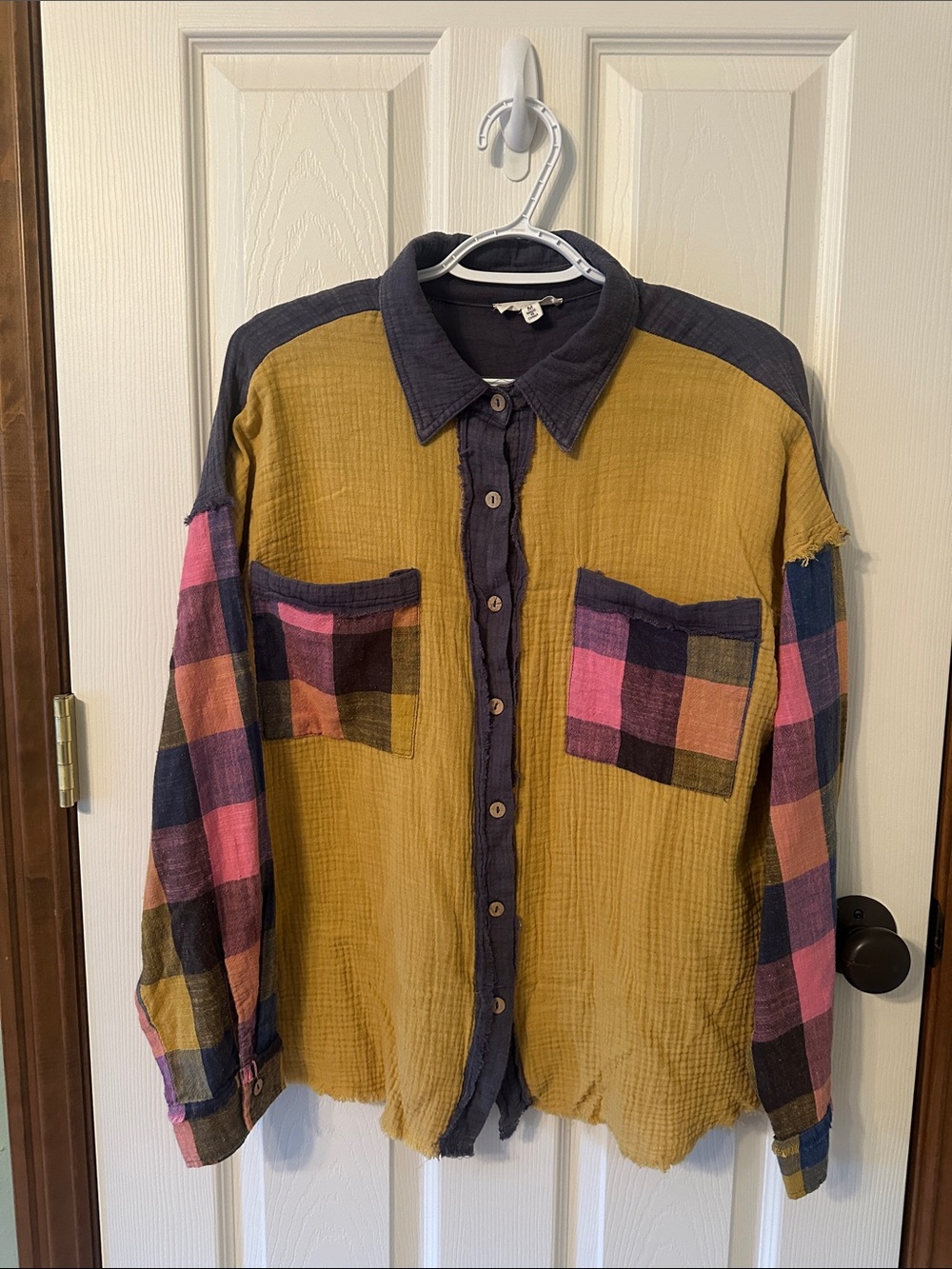 Women’s Mustard Patchwork Button-Down Shirt with Plaid Sleeves